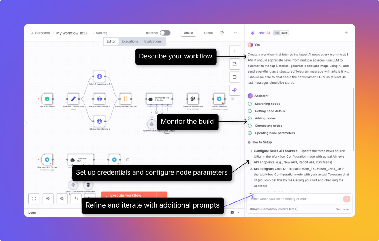 لوحة AI Workflow Builder تعرض سير عمل مُنشأ مع مربع محادثة لتحسينه