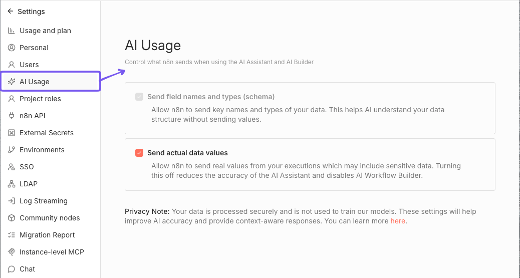 صفحة إعدادات AI Usage وفيها خانة Send actual data values