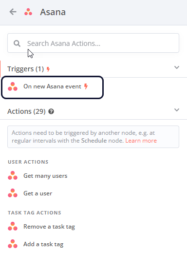 لقطة شاشة لقائمة عمليات نود Asana، ويظهر في أعلاها قسم Recommended